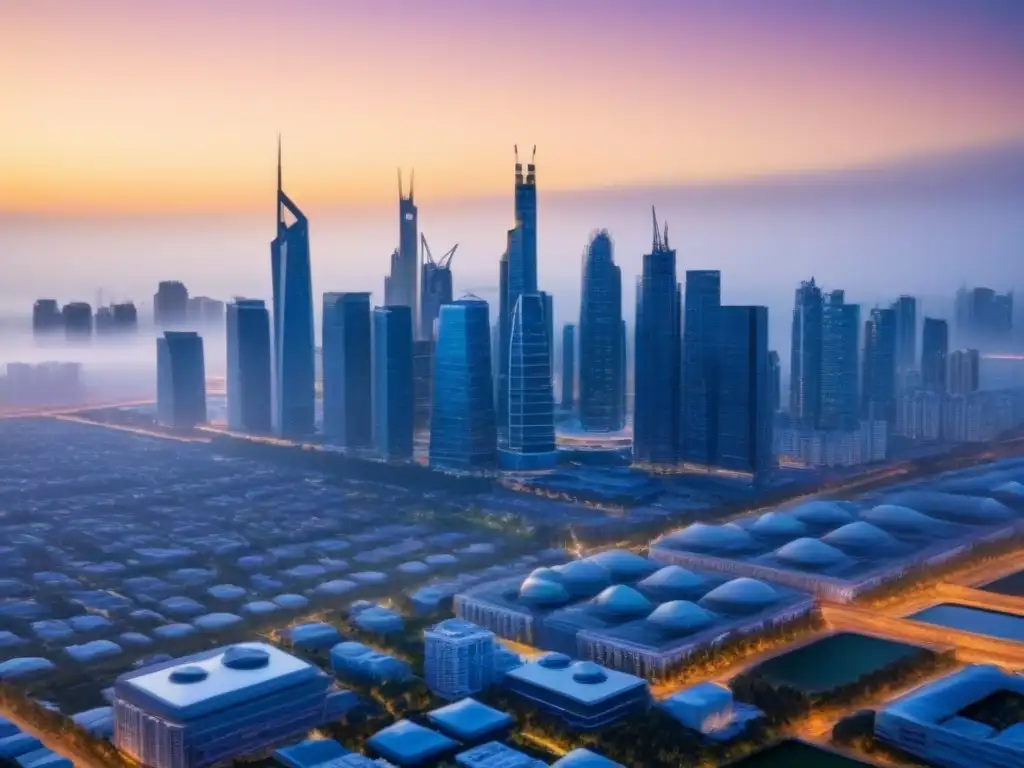 Metrópolis futurista: construcción sostenible con tecnología 3D Impresionante ciudad futurista al anochecer, con construcción sostenible y tecnología 3D