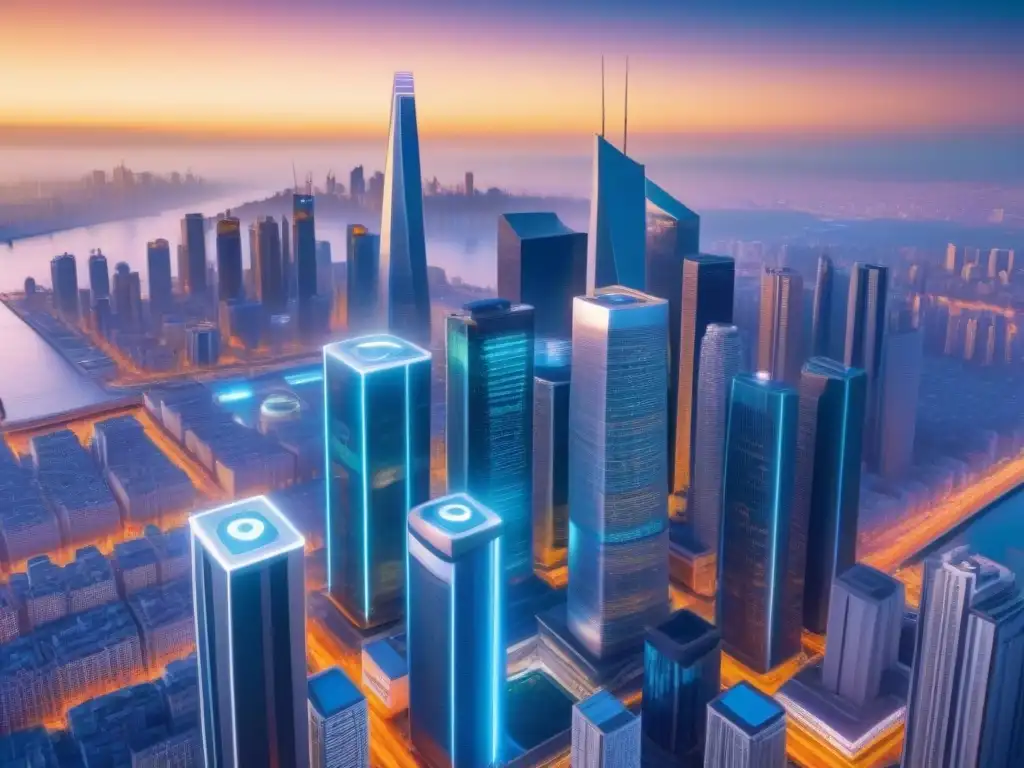 Metropolis futurista: Criptomonedas y arquitectura digital Impresionante ciudad futurista integrando criptomonedas en el mercado inmobiliario