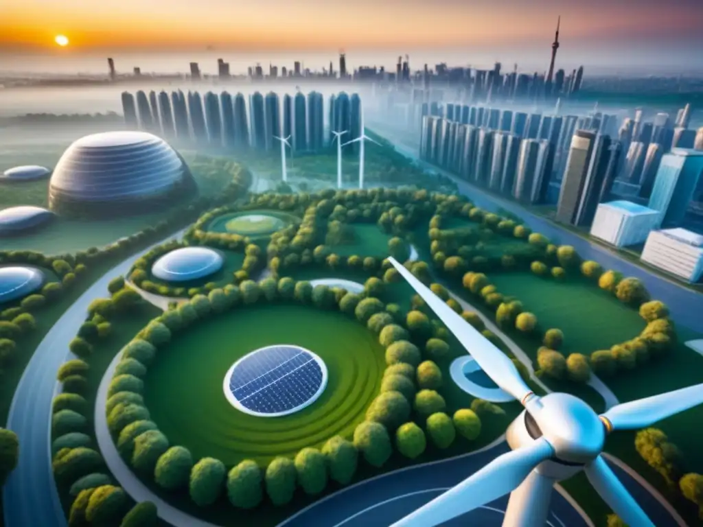 Metrópolis verde del futuro: innovación y sostenibilidad urbana Impresionante ciudad futurista ecoamigable con paneles solares y jardines en azoteas