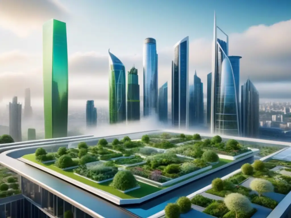Skyline futurista: arquitectura sostenible y negocios verdes Impresionante ciudad futurista con edificios verdes y jardines en azoteas, profesionales discuten beneficios fiscales propiedades verdes
