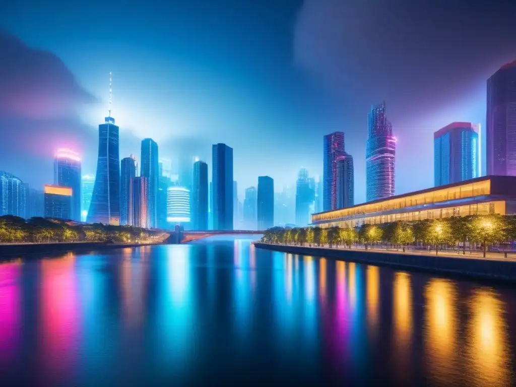 Cityscape futurista: luces neón y arquitectura innovadora Impresionante ciudad futurista iluminada por luces de neón, reflejándose en un río