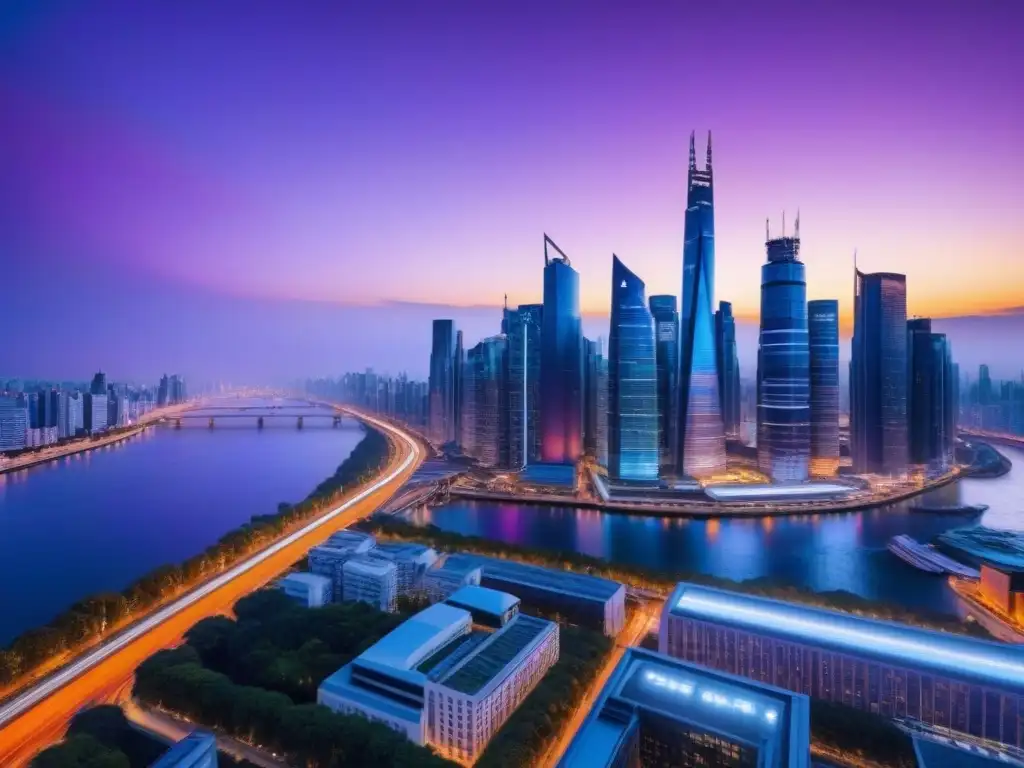 Horizonte urbano futurista: rascacielos iluminados en la noche Una impresionante ciudad futurista iluminada por luces coloridas, reflejada en un río tranquilo al anochecer