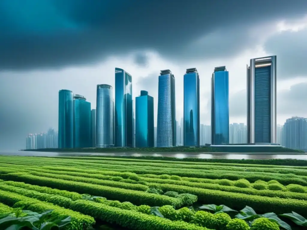 Cityscape futurista y sostenible frente al cambio climático Impresionante ciudad futurista con impacto financiero del cambio climático en el mercado inmobiliario