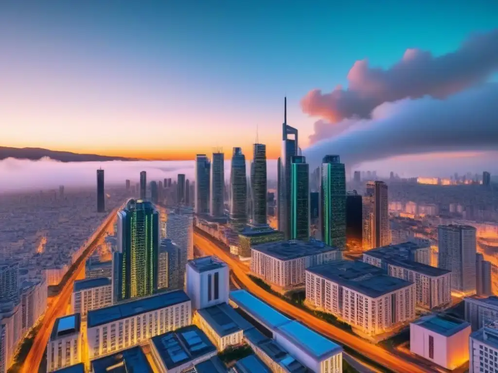 Metrópolis futurista: skyline innovador al anochecer Impresionante ciudad futurista al anochecer, reflejando innovación y gestión de inversión inmobiliaria internacional
