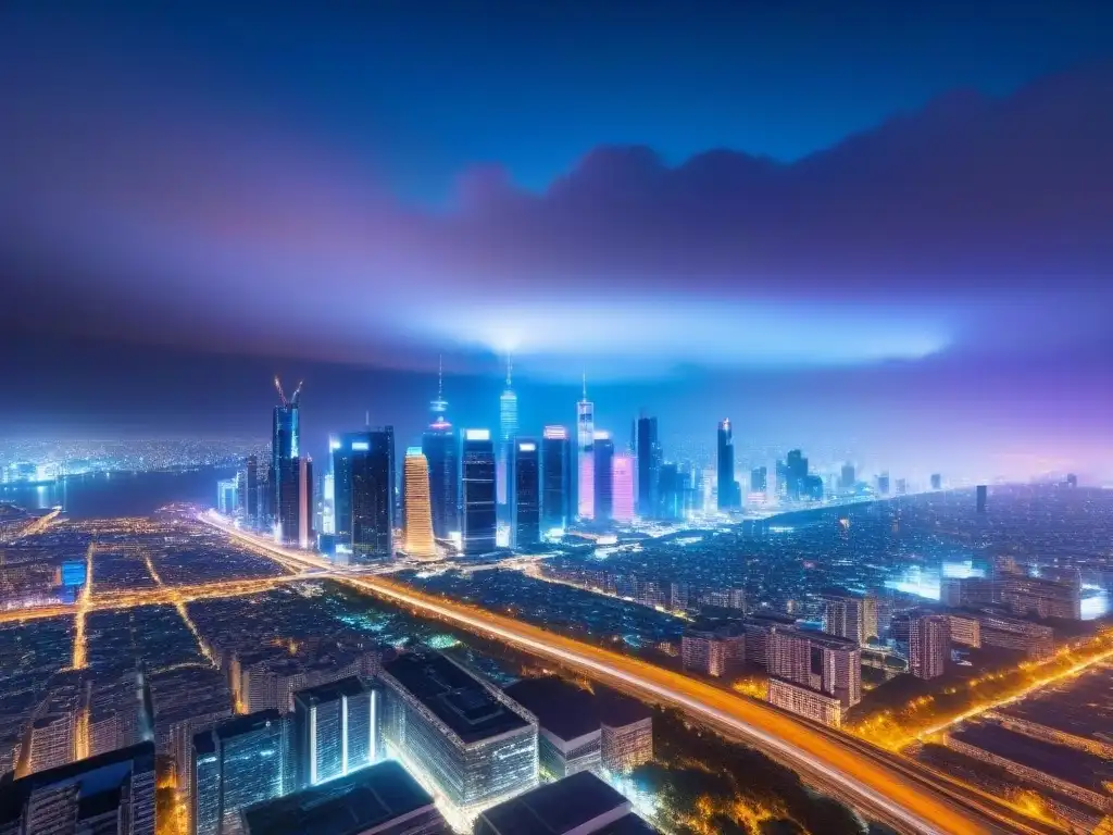 Horizonte nocturno con luces 5G: ciudad futurista y vibrante Impresionante ciudad futurista de noche con rascacielos iluminados por luces 5G, resaltando los beneficios tecnología 5G para inmobiliarias