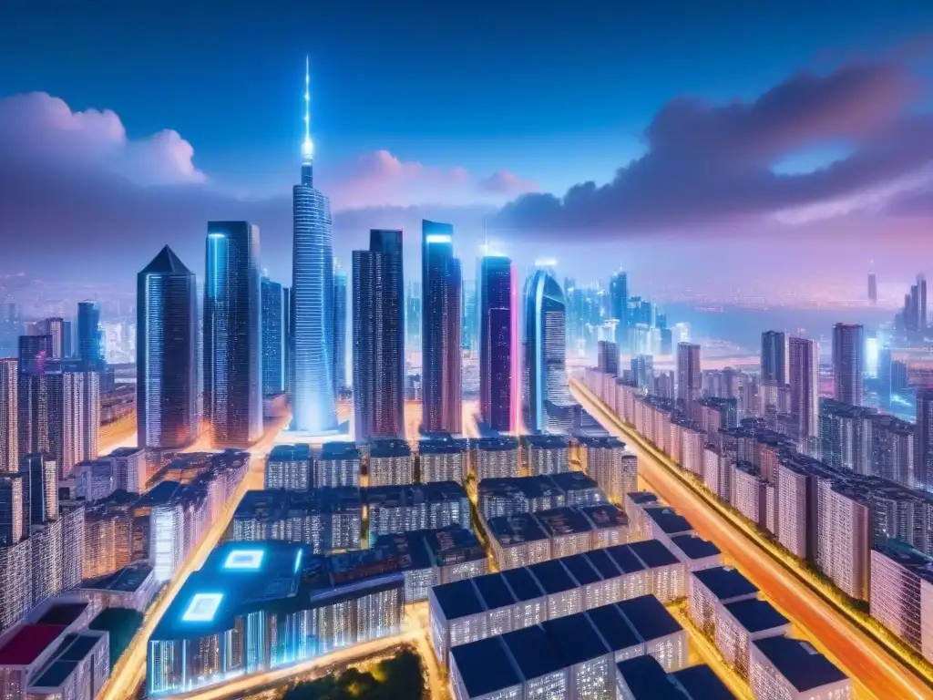 Cityscape futurista: innovación y tecnología en PropTech Impresionante ciudad futurista de noche con rascacielos iluminados por luces neón, mostrando innovación tecnológica