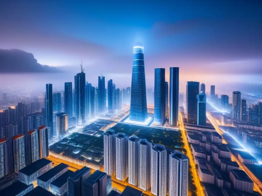 Cityscape futurista con símbolos de criptomonedas en edificios Impresionante ciudad futurista de noche con criptomonedas en mercado inmobiliario internacional