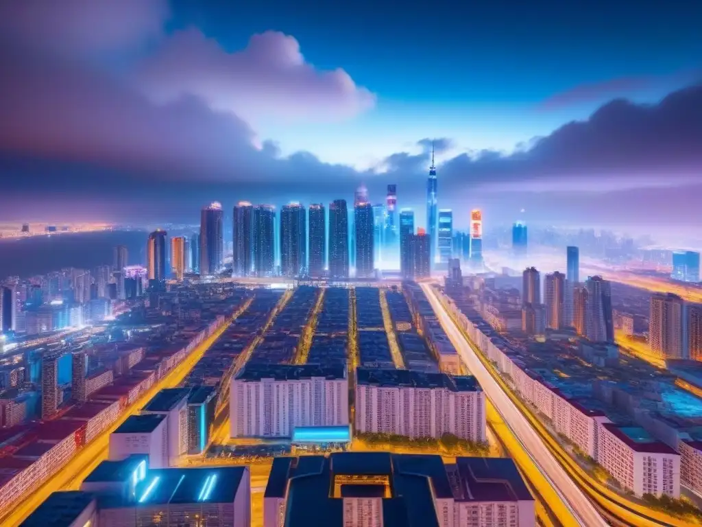 Metrópolis futurista: luces neón y tecnología avanzada en la noche Impresionante ciudad futurista de noche con impacto de ciudades inteligentes inmobiliario