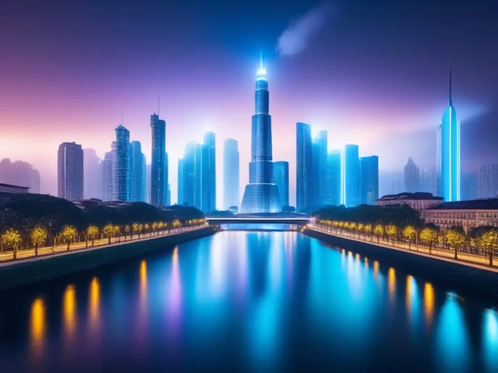 Impresionante ciudad futurista de noche con rascacielos iluminados por luces de neón, reflejándose en un río cristalino