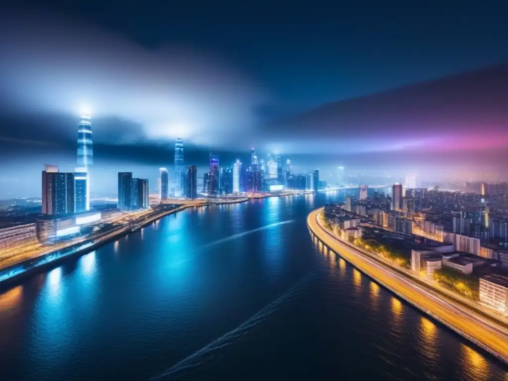 Metrópolis futurista brillante: luces y rascacielos en 8k Impresionante ciudad futurista de noche con rascacielos iluminados reflejados en un río, simbolizando inversiones inmobiliarias internacionales análisis predictivo
