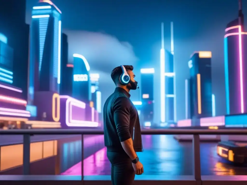 Metrópolis futurista nocturna: luces neón en rascacielos Impresionante ciudad futurista de noche con rascacielos iluminados por luces de neón