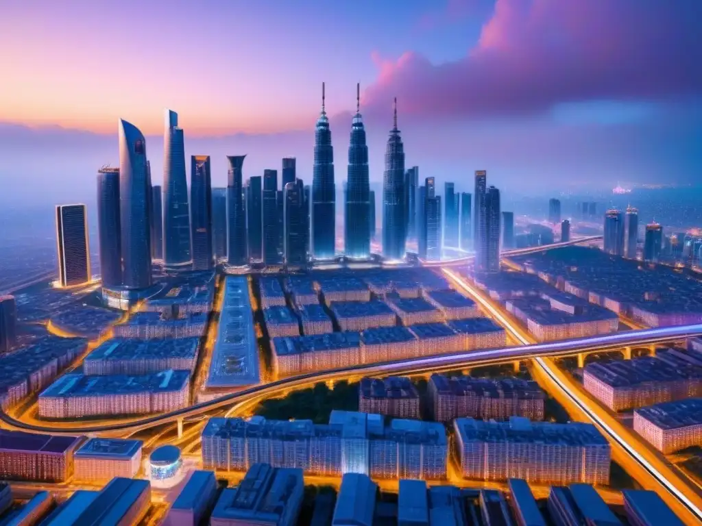 Horizonte futurista: ciudad 8k con rascacielos iluminados Impresionante ciudad futurista al anochecer con normativas seguridad inversionistas inmobiliarios internacionales