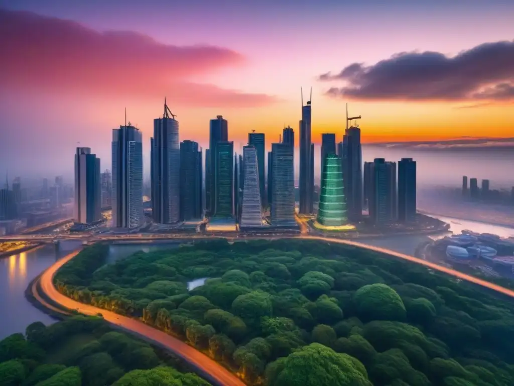 Metrópolis futurista: atardecer sobre rascacielos y transporte avanzado Impresionante ciudad futurista con rascacielos, transporte avanzado y espacios verdes, reflejando el atardecer