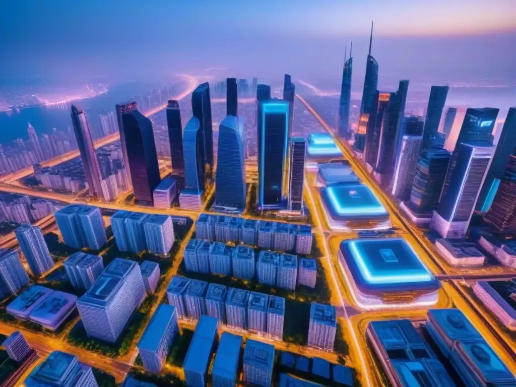 Metrópolis futurista: luces neón, tecnología y finanzas Impresionante ciudad futurista con rascacielos iluminados por luces neón, calles llenas de vehículos autónomos y pantallas digitales mostrando datos financieros en tiempo real, simbolizando la intersección de la globalización, la tecnología y las inversiones inmobiliarias internacionales tendencias