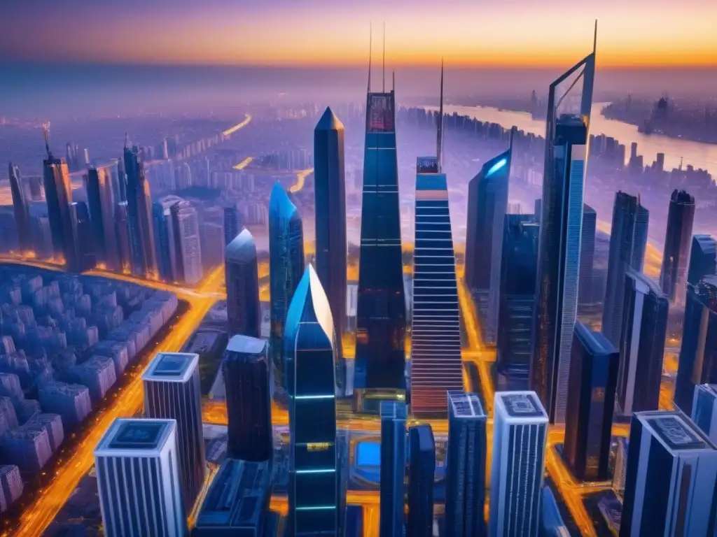 Metrópolis futurista: reflejos dorados en rascacielos de cristal Impresionante ciudad futurista con rascacielos de vidrio reflejando la luz dorada del atardecer