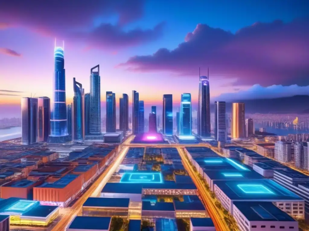 Skyline futurista: ciudad 8k con luces neón y tecnología Impresionante ciudad futurista al anochecer con rascacielos iluminados por luces neón