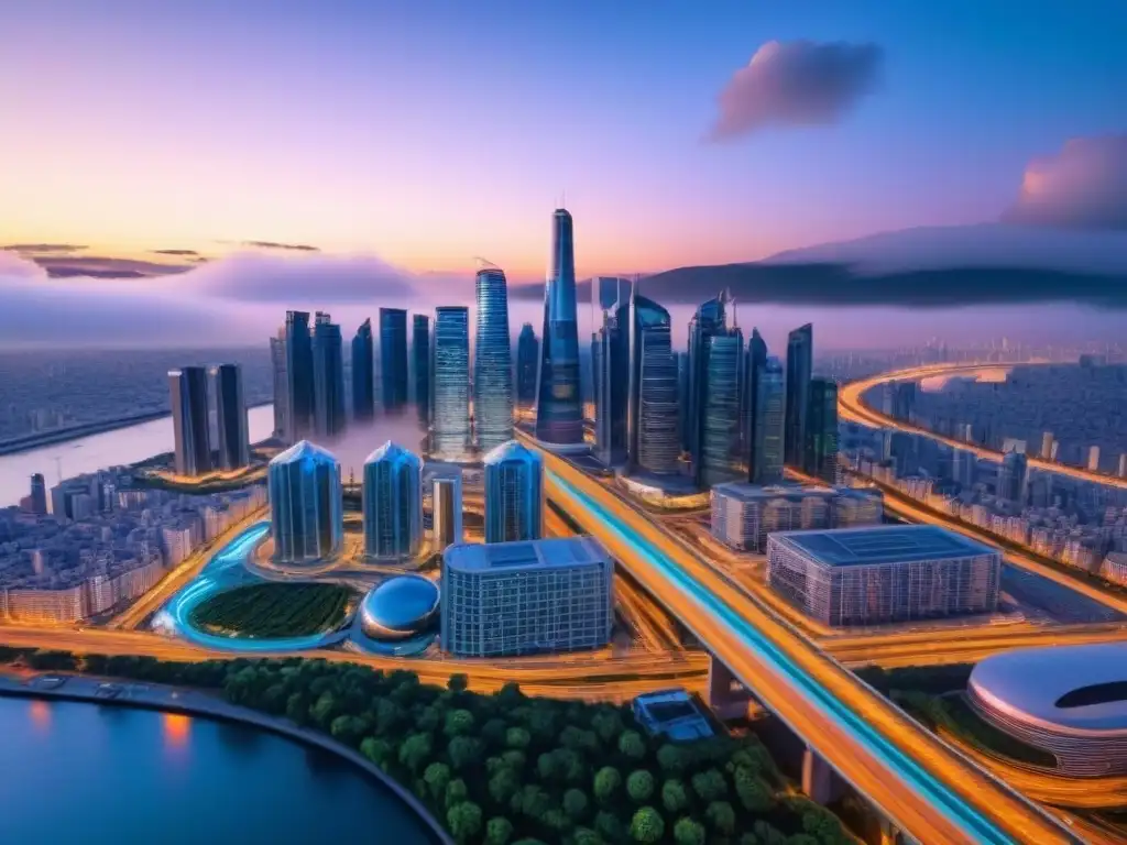 Skyline futurista 8k: ciudad inteligente al anochecer Impresionante ciudad futurista al anochecer con rascacielos iluminados y datos de mercado en pantallas digitales