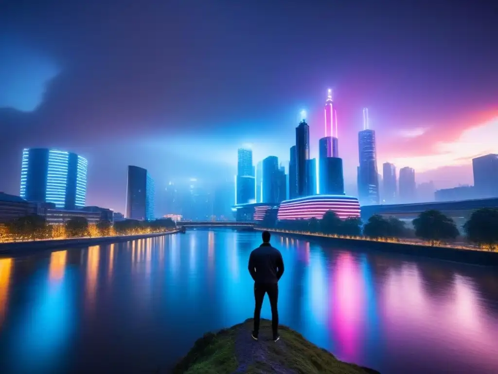 Metrópolis futurista con inteligencia artificial y luces neón Impresionante ciudad futurista al anochecer con rascacielos iluminados por luces de neón, reflejándose en un río tranquilo
