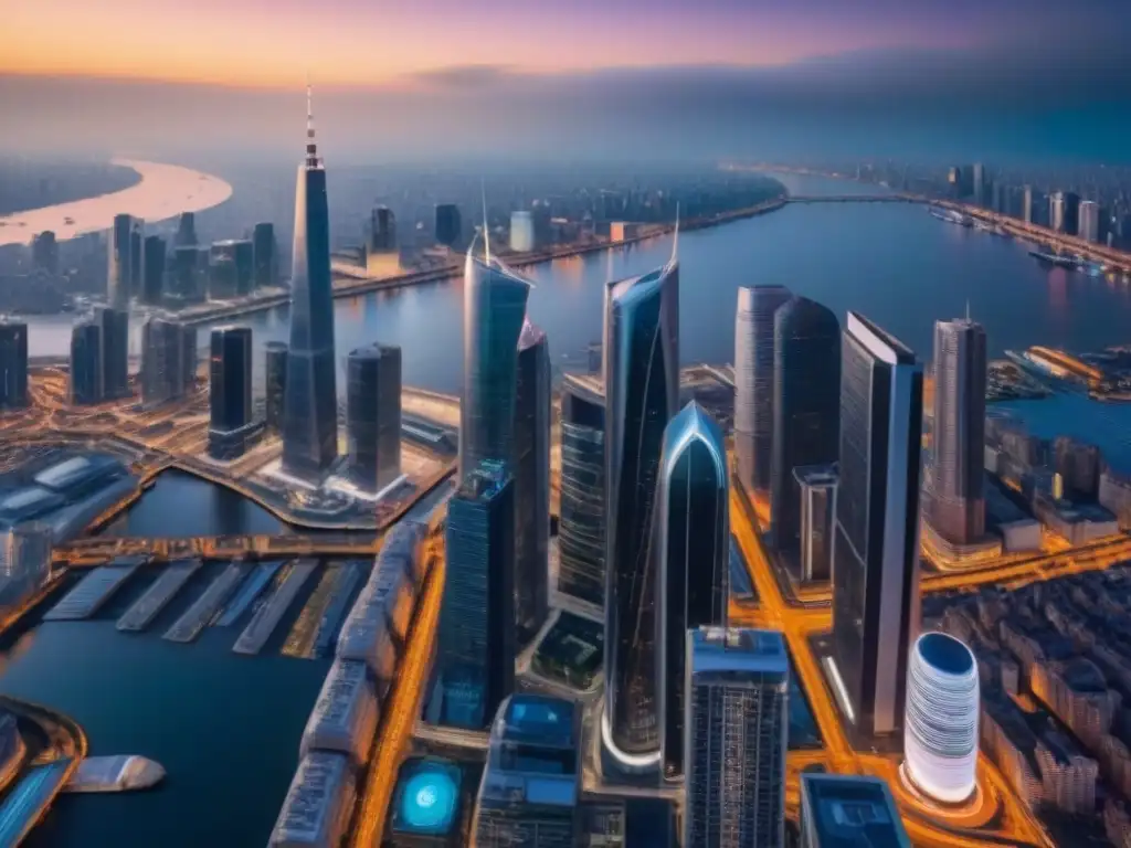 Metrópolis futurista: luces y arquitectura innovadora en la noche Impresionante ciudad futurista en 8k, con rascacielos iluminados y un río reluciente