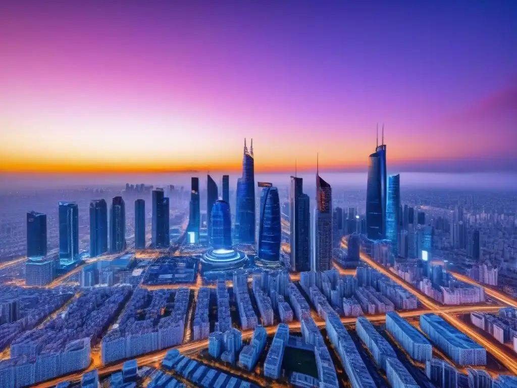 Metrópolis futurista: crowdfunding inmobiliario en la era digital Impresionante ciudad futurista con rascacielos modernos iluminados por estadísticas de crowdfunding inmobiliario y redes sociales