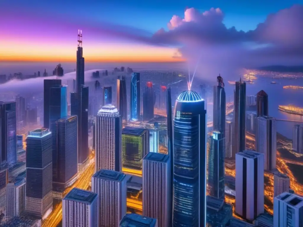 Metrópolis futurista: seguridad digital en rascacielos Impresionante ciudad futurista al anochecer con rascacielos iluminados por luces de neón y sistemas de seguridad digital