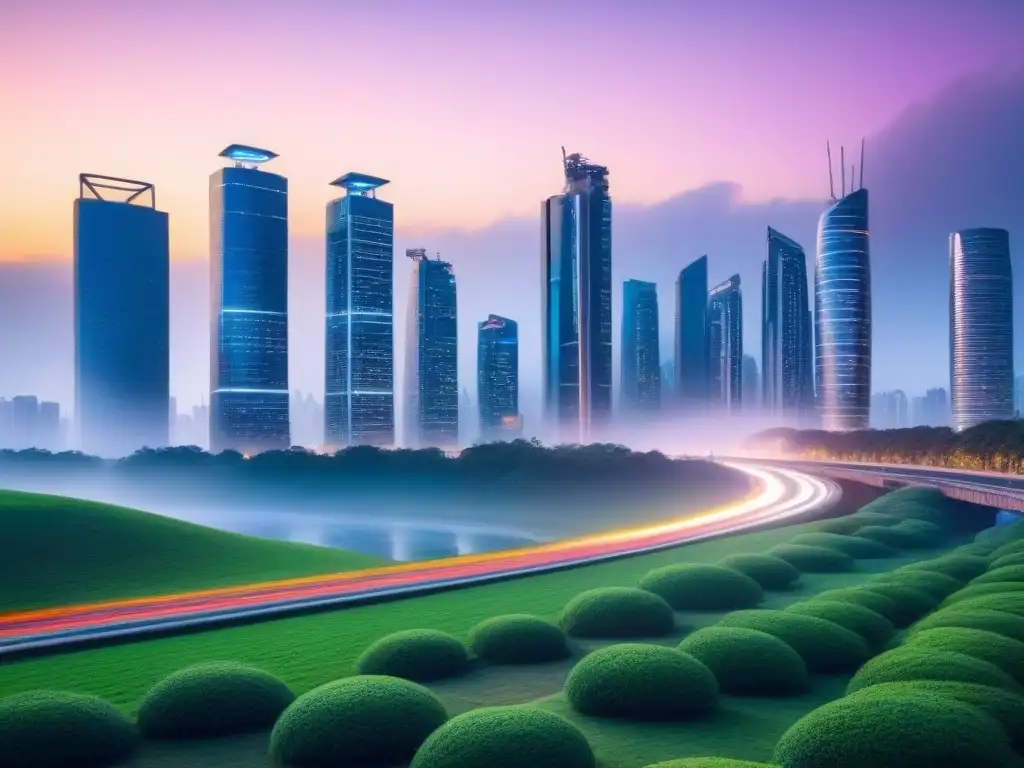 Horizonte futurista: fusión de naturaleza y tecnología en la ciudad Impresionante ciudad futurista al anochecer, con rascacielos integrando naturaleza y tecnología avanzada