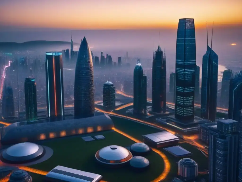 Metrópolis futurista al atardecer: arquitectura sostenible y tecnológica Impresionante ciudad futurista al anochecer con rascacielos modernos iluminados, reflejando el sol