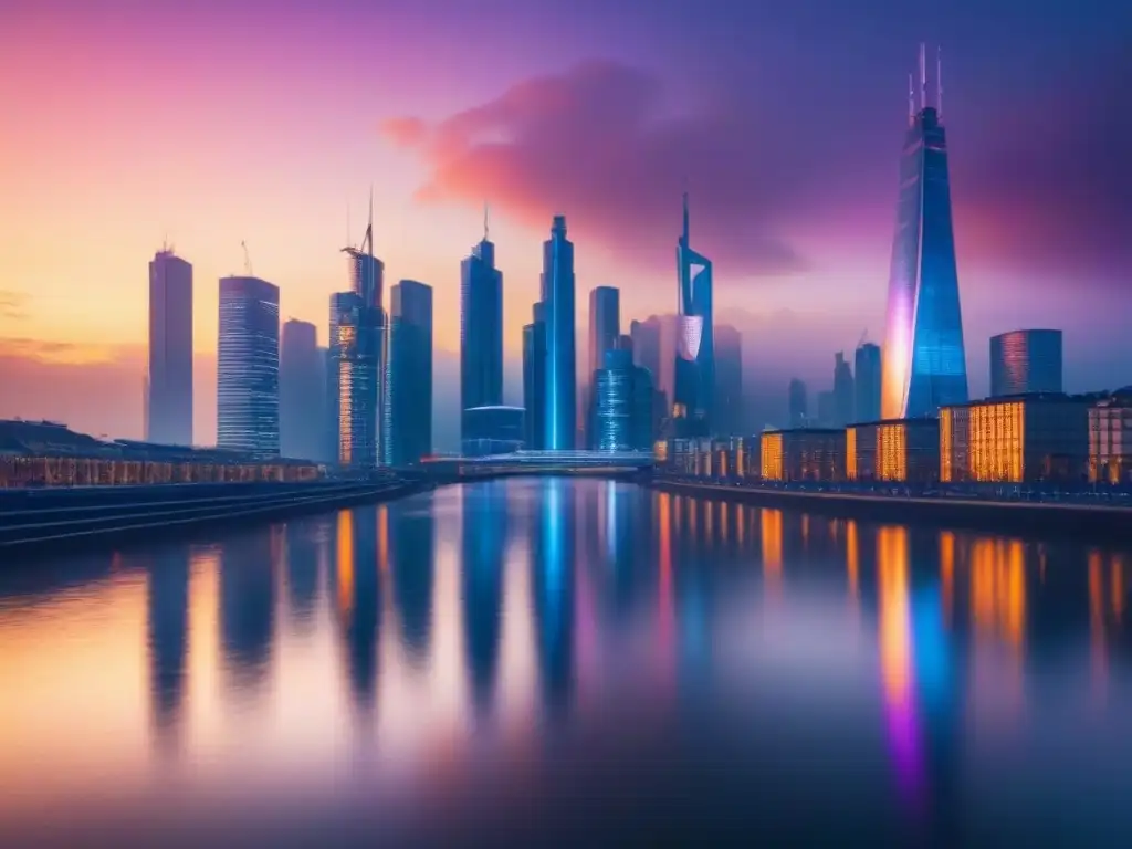 Cityscape futurista al atardecer: predicciones postBrexit Impresionante ciudad futurista con rascacielos y atardecer vibrante