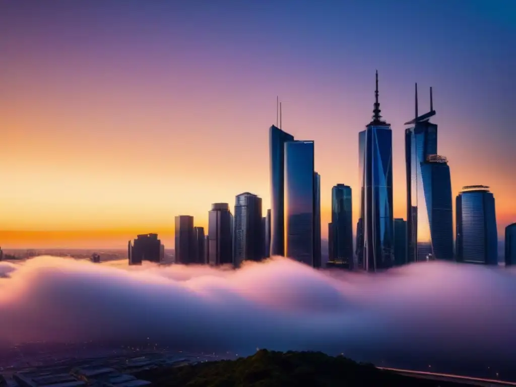 Metrópolis futurista: innovación y diseño en centro financiero global Impresionante ciudad futurista con rascacielos modernos en un atardecer, reflejando innovación en un hub financiero global