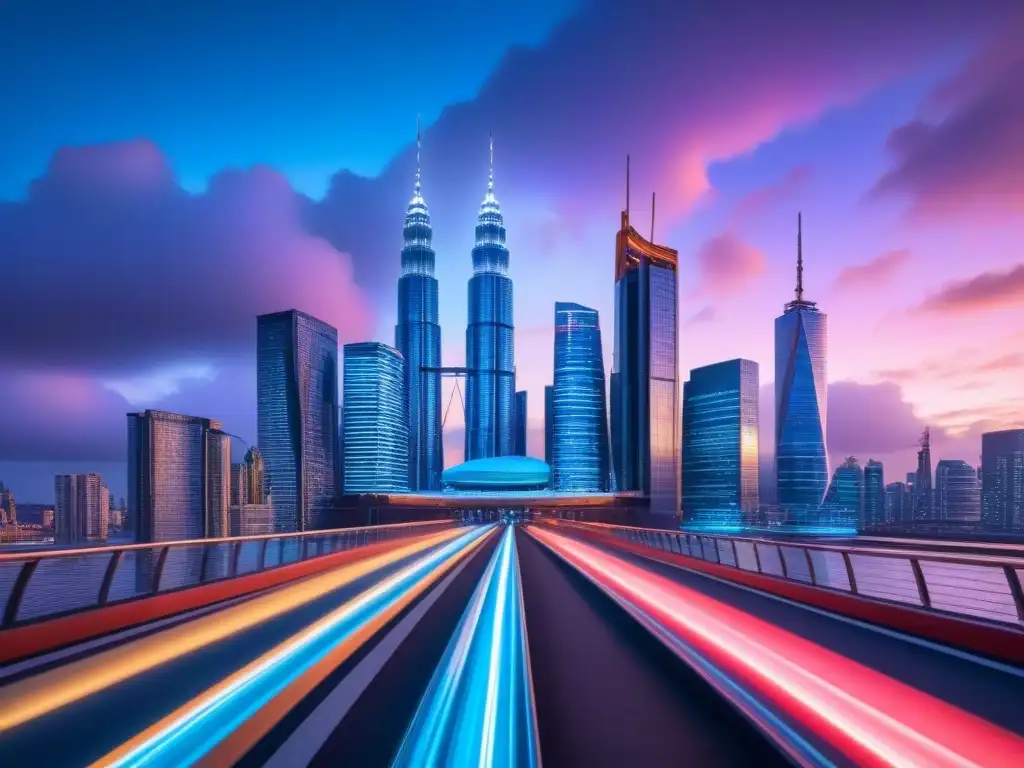 Metrópolis futurista: luces neón en skyline internacional Impresionante ciudad futurista con rascacielos y puentes iluminados por luces neón, reflejando inversiones inmobiliarias internacionales postBrexit