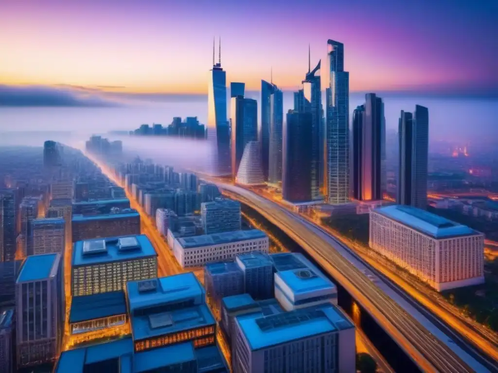 Metrópolis futurista: skyline vibrante y diversidad urbana Impresionante ciudad futurista al anochecer con rascacielos modernos iluminados por luces vibrantes
