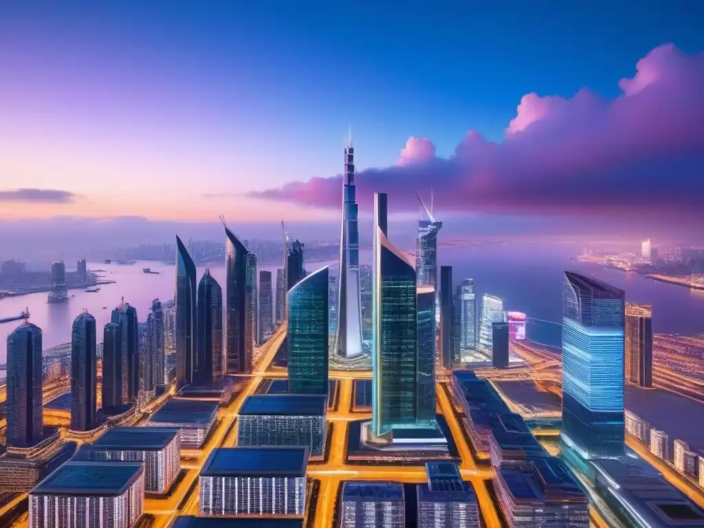 Metrópolis futurista: rascacielos brillantes y luces neón en 8k Impresionante ciudad futurista con rascacielos, luces neón y arquitectura moderna