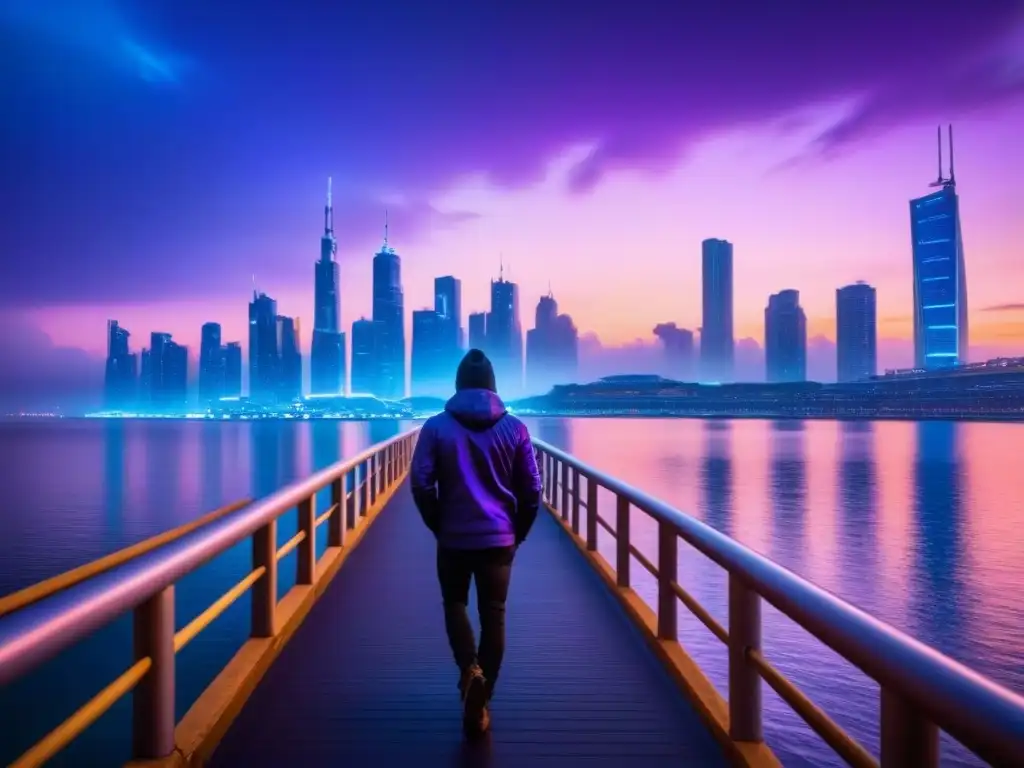 Metrópolis futurista: luces neon en la noche Impresionante ciudad futurista al anochecer con rascacielos iluminados por luces neón, reflejándose en el agua