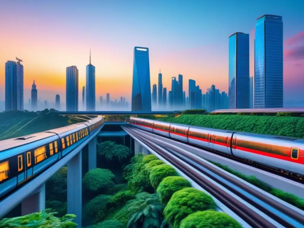 Metropolis del futuro: rascacielos, trenes de alta velocidad y hologramas Impresionante ciudad futurista al anochecer con rascacielos iluminados y trenes de alta velocidad, mostrando regulaciones tiempo compartido mercado inmobiliario