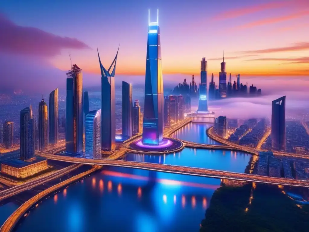 Futurista ciudad 8k con rascacielos y puentes de cristal Impresionante ciudad futurista con rascacielos interconectados por puentes transparentes, iluminada por una vibrante puesta de sol
