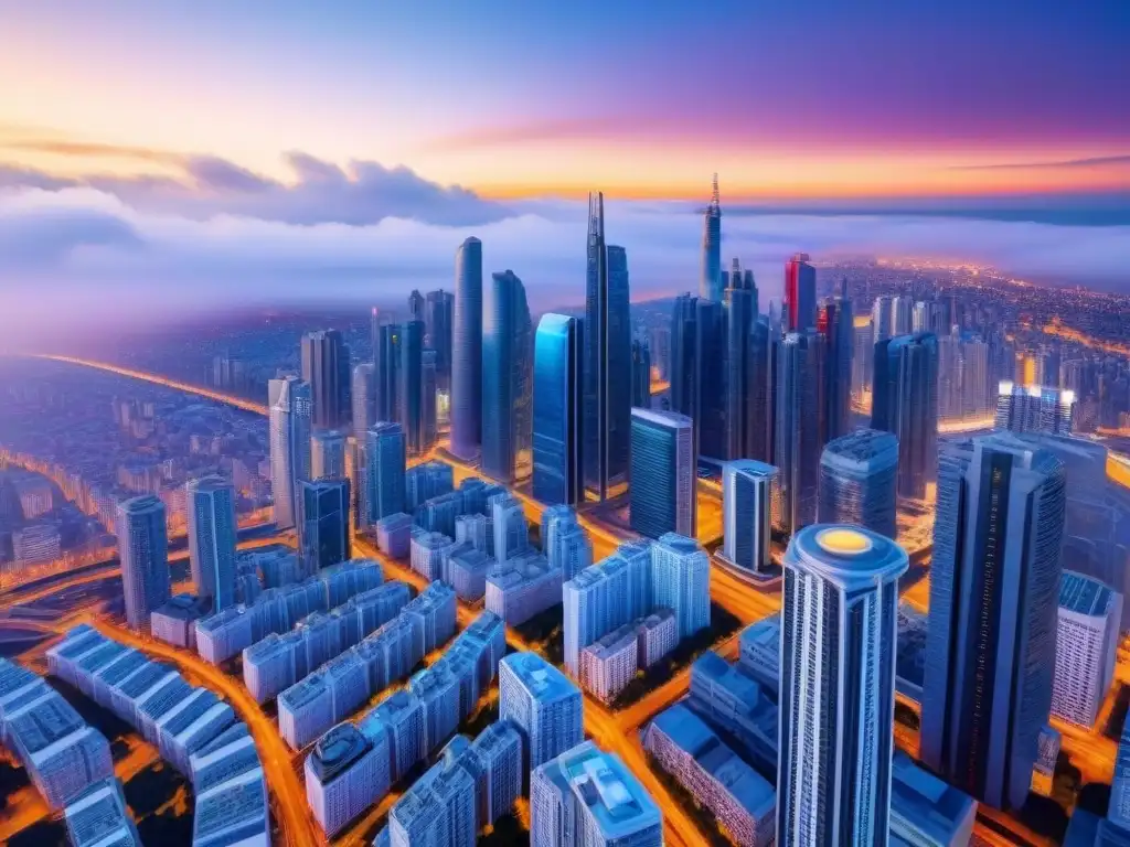 Metrópolis futurista: innovación y progreso inmobiliario Impresionante ciudad futurista con rascacielos modernos y luces de neón, reflejando innovaciones en la due diligence inmobiliaria internacional