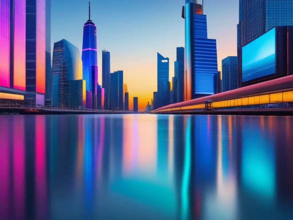 Metrópolis futurista: atardecer tecnológico en 8k Impresionante ciudad futurista con rascacielos de cristal y acero, reflejando un atardecer tecnológico