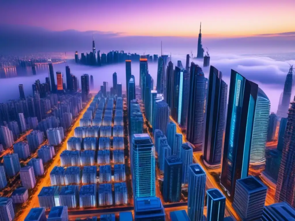 Metrópolis futurista en 8k: arquitectura moderna y tecnología avanzada Impresionante ciudad futurista con rascacielos iluminados por luces neón, reflejando la Gestión riesgo cambiario mercado inmobiliario