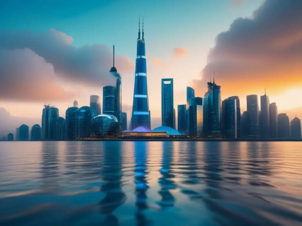 Cityscape futurista con símbolos de monedas reflejados en rascacielos Impresionante ciudad futurista con rascacielos reflejando símbolos de monedas, gráficos proyectados