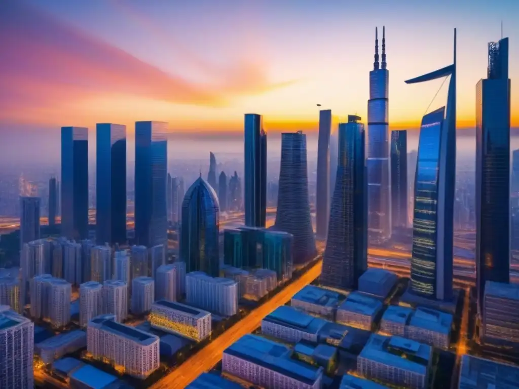 Impresionante ciudad futurista con rascacielos de vidrio y acero, reflejando colores del atardecer