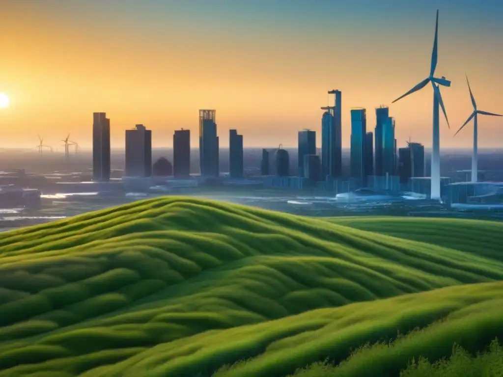 Horizonte ecológico: ciudad futurista sostenible al atardecer Impresionante ciudad futurista sostenible al atardecer