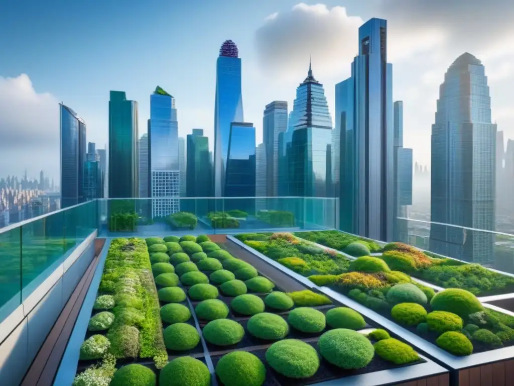 Horizonte futurista: rascacielos con jardines en azoteas verdes Impresionante ciudad futurista con techos verdes en inmobiliaria internacional