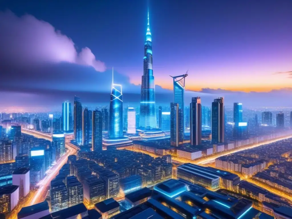 Skyline futurista con blockchain: seguridad en transacciones inmobiliarias Impresionante ciudad futurista con tecnología blockchain integrada, mostrando transacciones seguras en bienes raíces