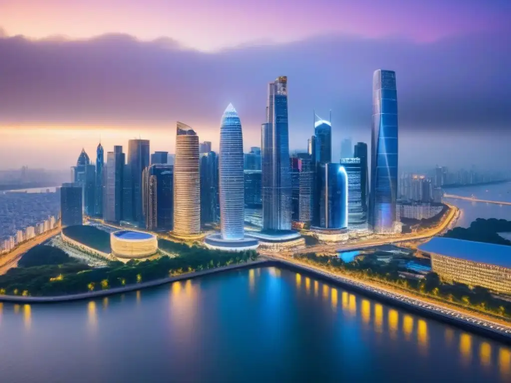 Horizonte urbano internacional: luces vibrantes en la ciudad al atardecer Impresionante ciudad global al anochecer, reflejos en río, símbolo de oportunidad para inversionistas globales en REITs
