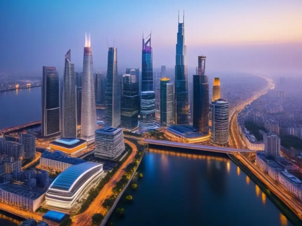 Espléndida vista aérea de ciudad moderna iluminada al atardecer Impresionante ciudad iluminada al anochecer con rascacielos y un río brillante