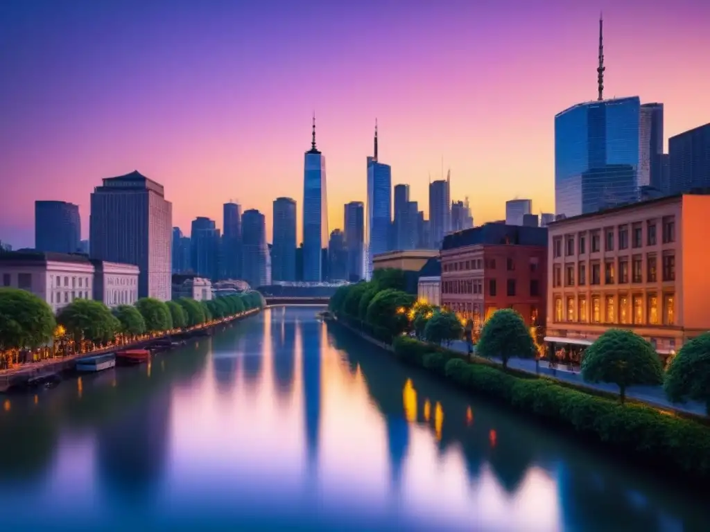 Horizonte urbano al atardecer con rascacielos iluminados Impresionante ciudad al anochecer con impacto Brexit en inversión inmobiliaria global