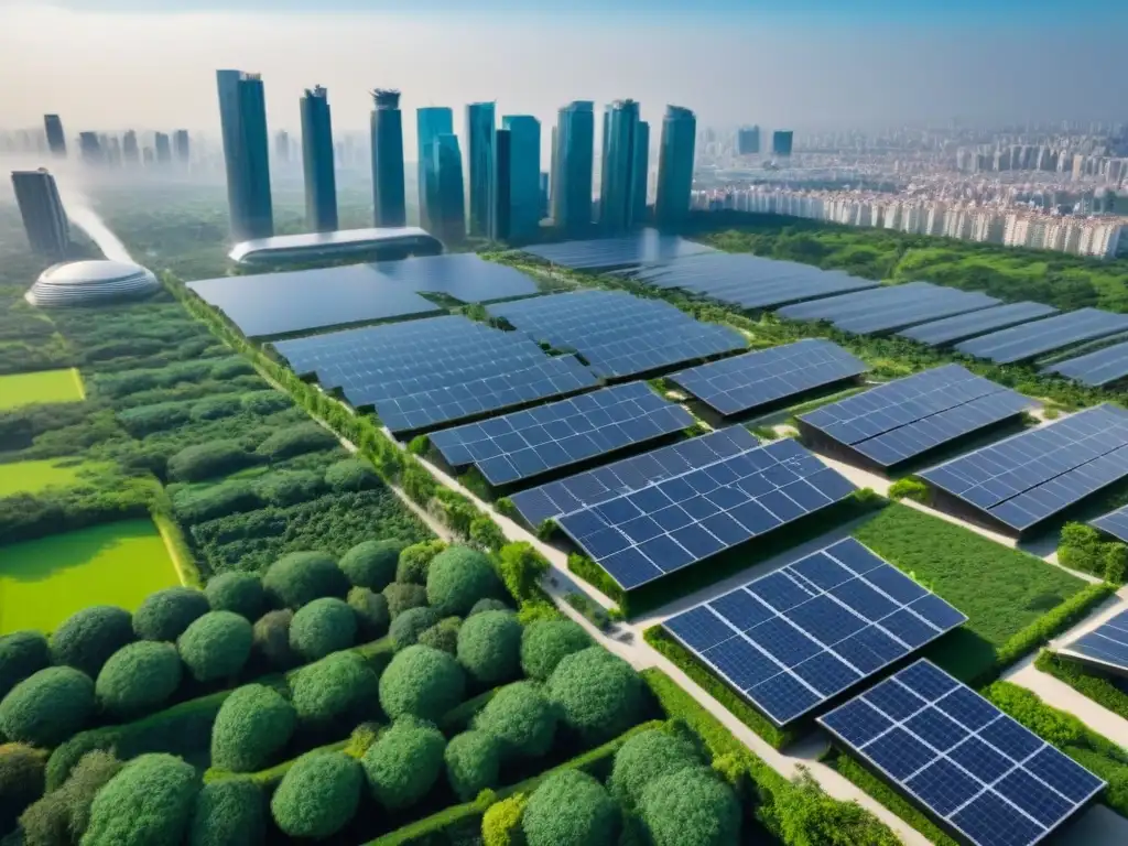 Horizonte urbano sostenible: arquitectura ecológica innovadora Impresionante ciudad moderna con arquitectura sostenible e innovadora, integrando espacios verdes