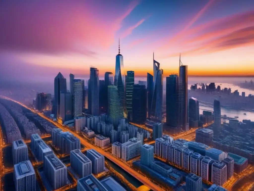 Skyline urbano al atardecer: reflejos dorados de prosperidad Impresionante ciudad moderna al atardecer con rascacielos reflejando tonos cálidos del sol, rodeada de arquitectura futurista y luces vibrantes