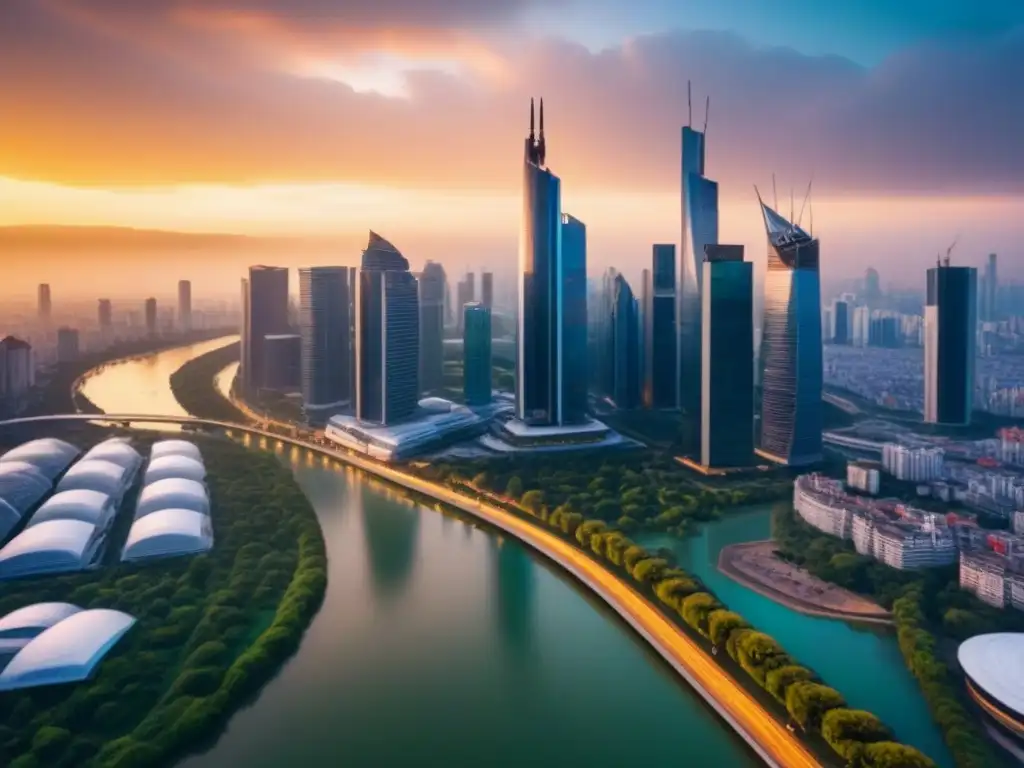 Cityscape moderno al atardecer: resiliencia urbana Impresionante ciudad moderna al atardecer con rascacielos y río, simbolizando el riesgo inmobiliario por desastres naturales