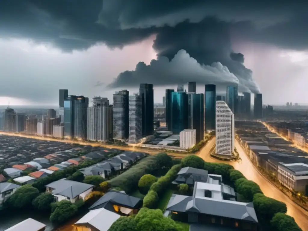 Contraste urbano: rascacielos ante la amenaza del cambio climático Impresionante ciudad moderna bajo cielo tormentoso, reflejando tendencias mercado inmobiliario global